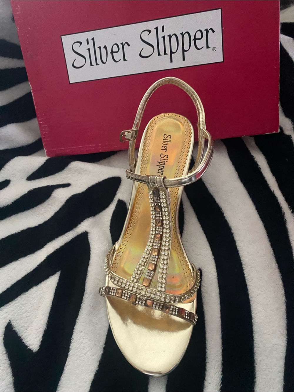 Silver Slipper Gold Jeweled T-Strap Slingback Sandals